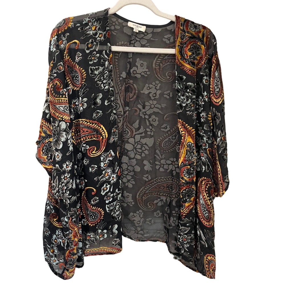 Umgee SIze S/M Paisley Burnout Velvet Kimono Topper Black Gray Rust Blue Fall